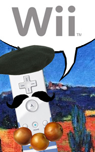 A Wii Remote dressed as a stereotype Frenchman saying 'Wii'