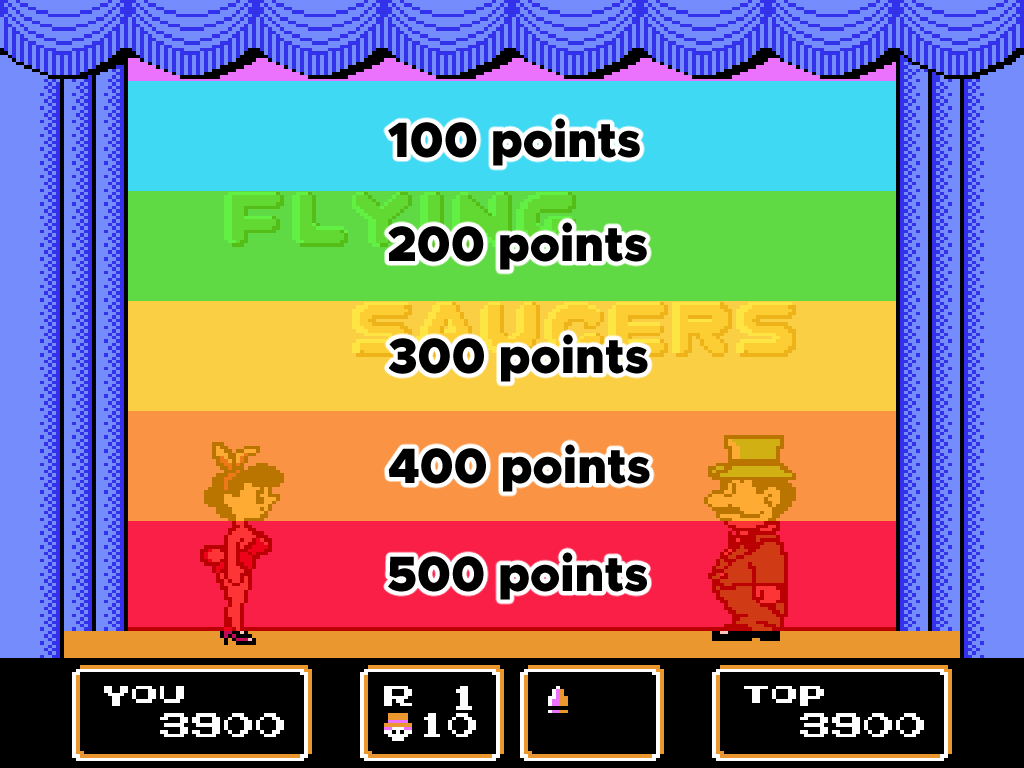 Flying Saucers scoring bands, from 100 points to 500 points