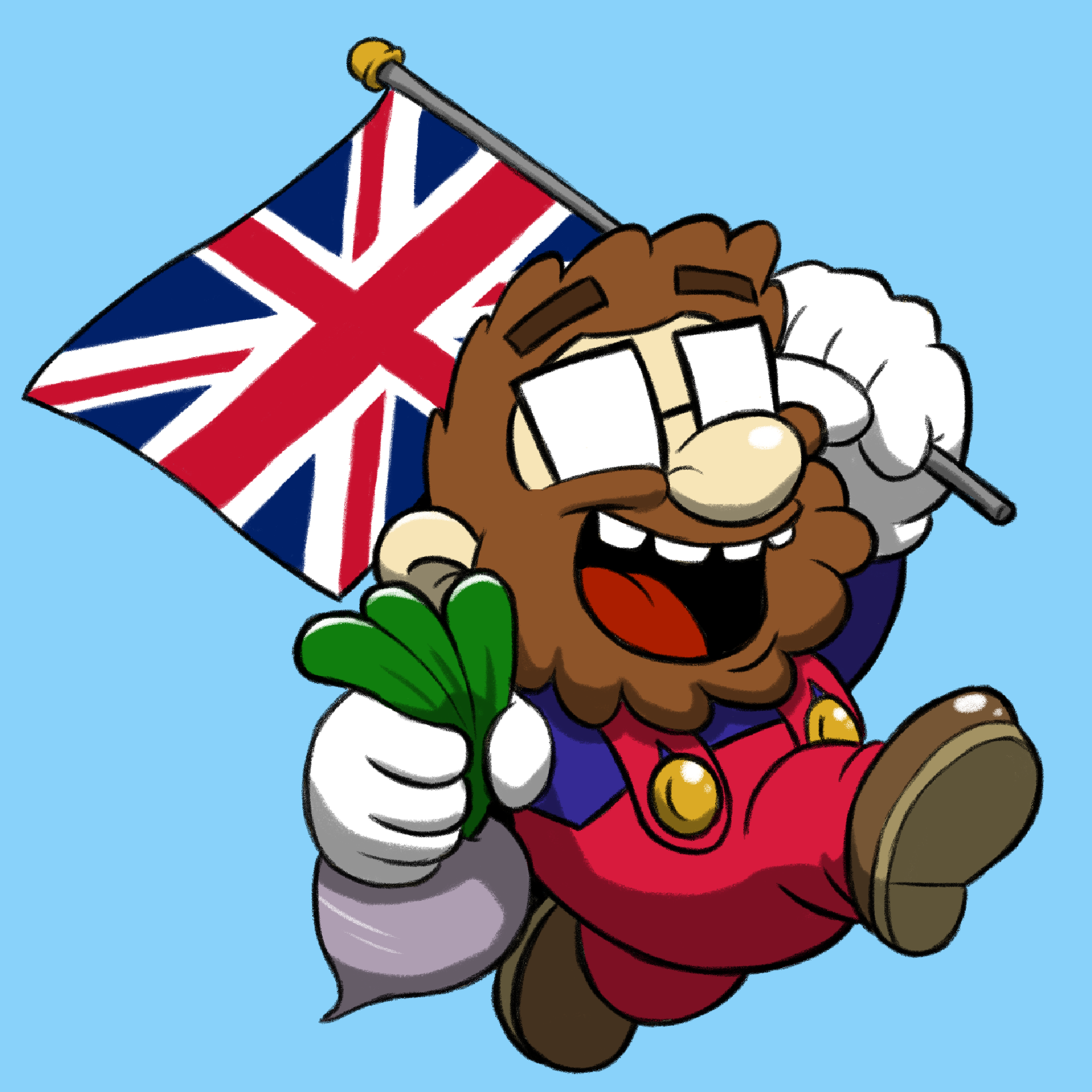 Cartoon of Fryguy64 dressed as Mario and carrying a turnip and a UK flag
