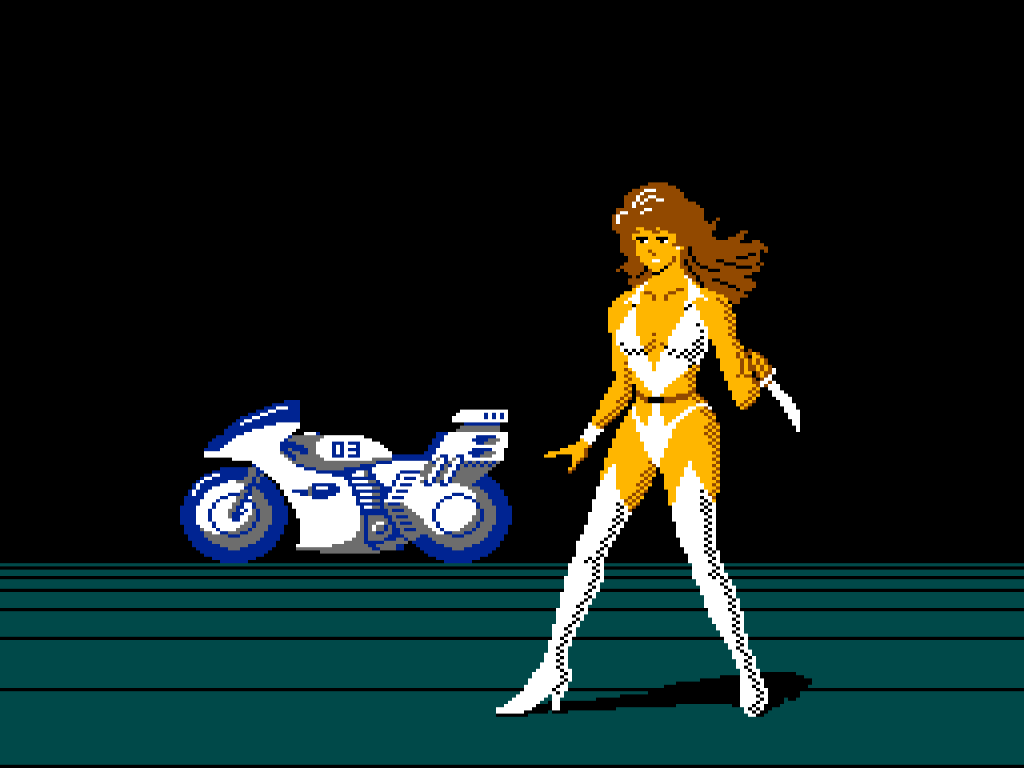 Mach Rider is a sexy 80s anime girl in a white leotard and holding a knife