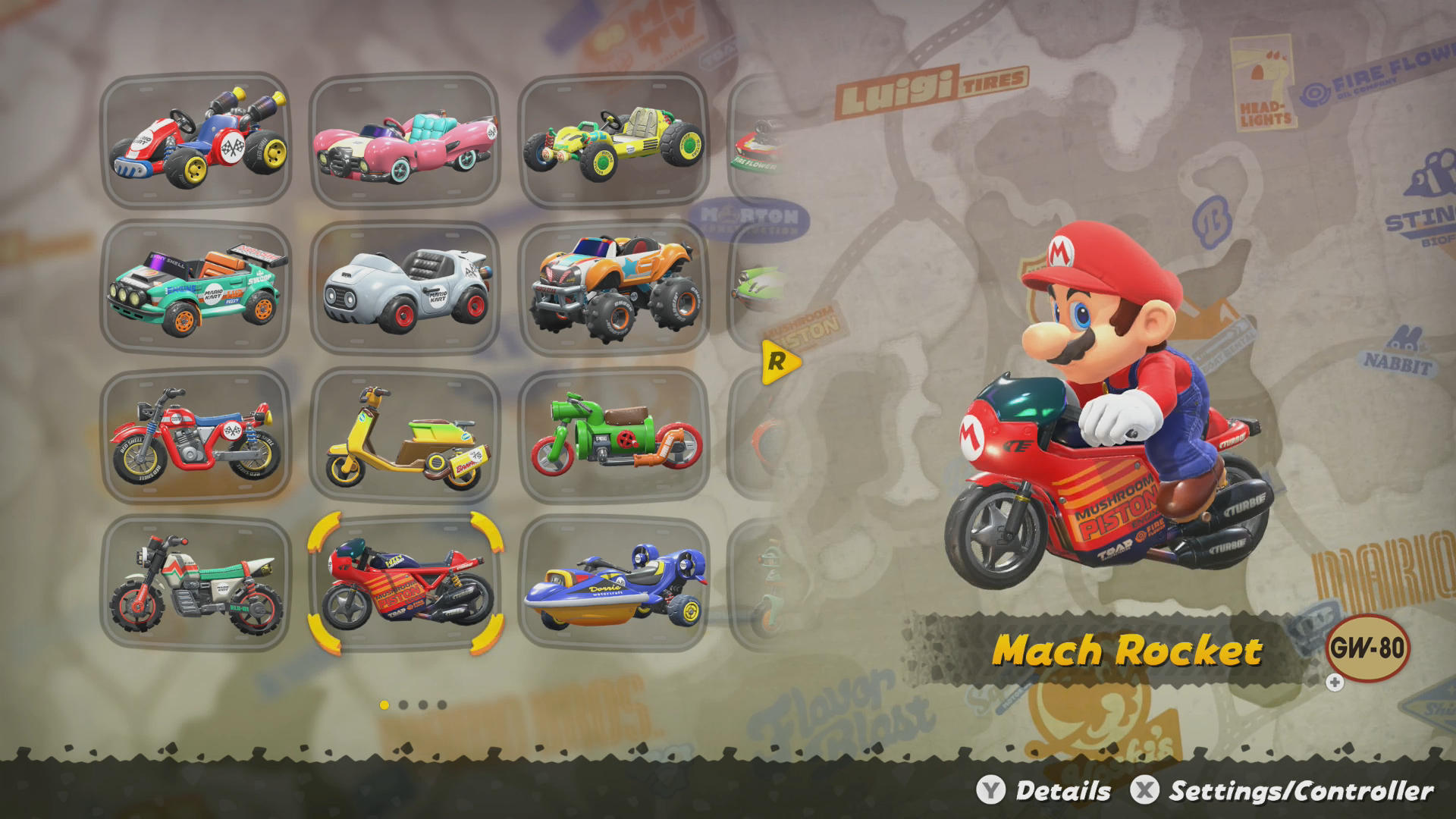 Mach Rocket on the Mario Kart World kart select screen