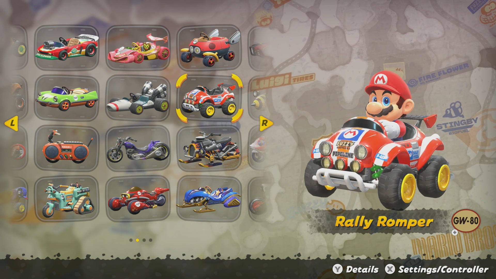 Rally Romper on the Mario Kart World kart select screen