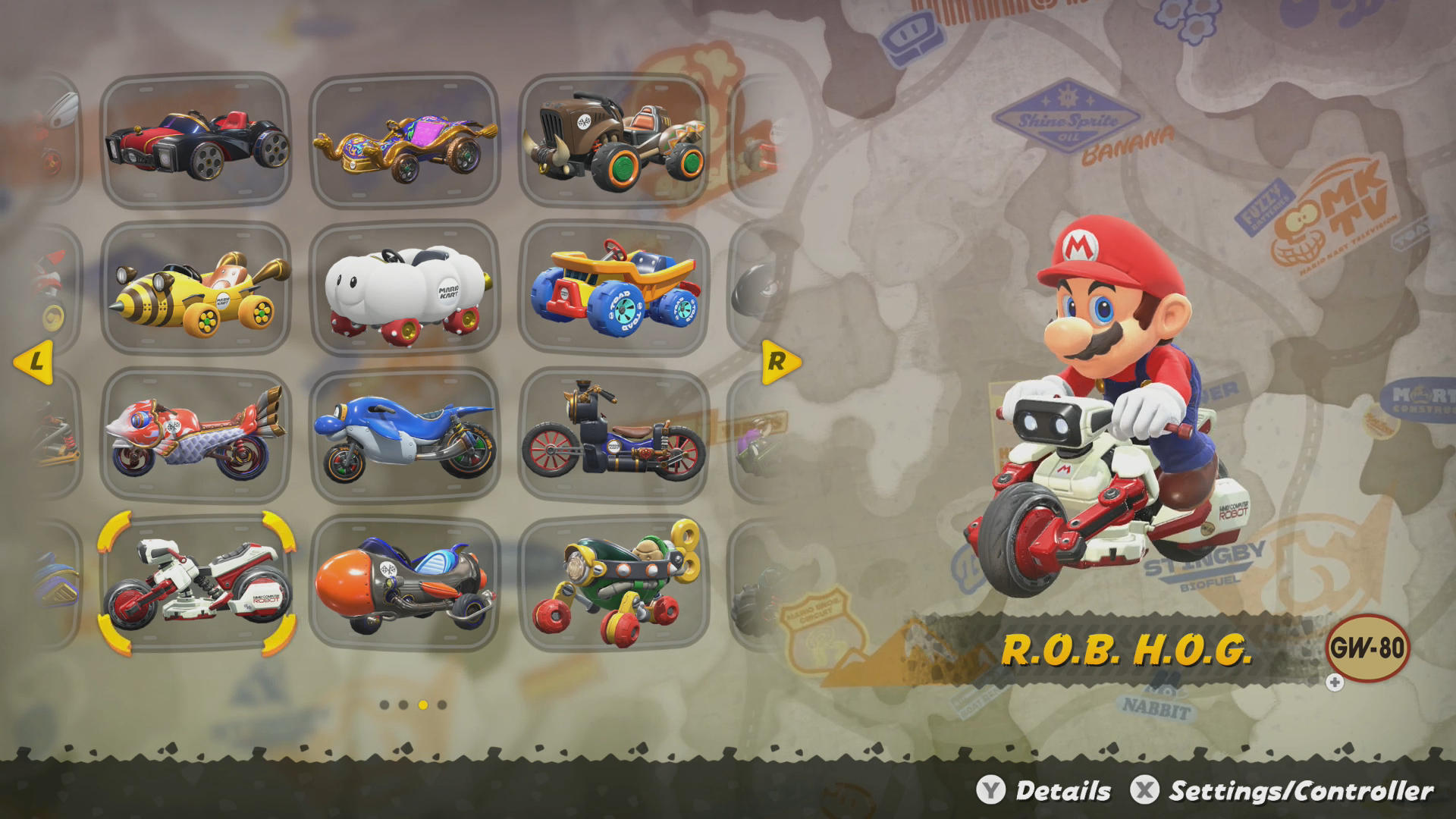 R.O.B. H.O.G. on the Mario Kart World kart select screen